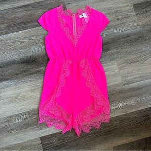 LF Bright Pink Lace-Trim Romper- NWT